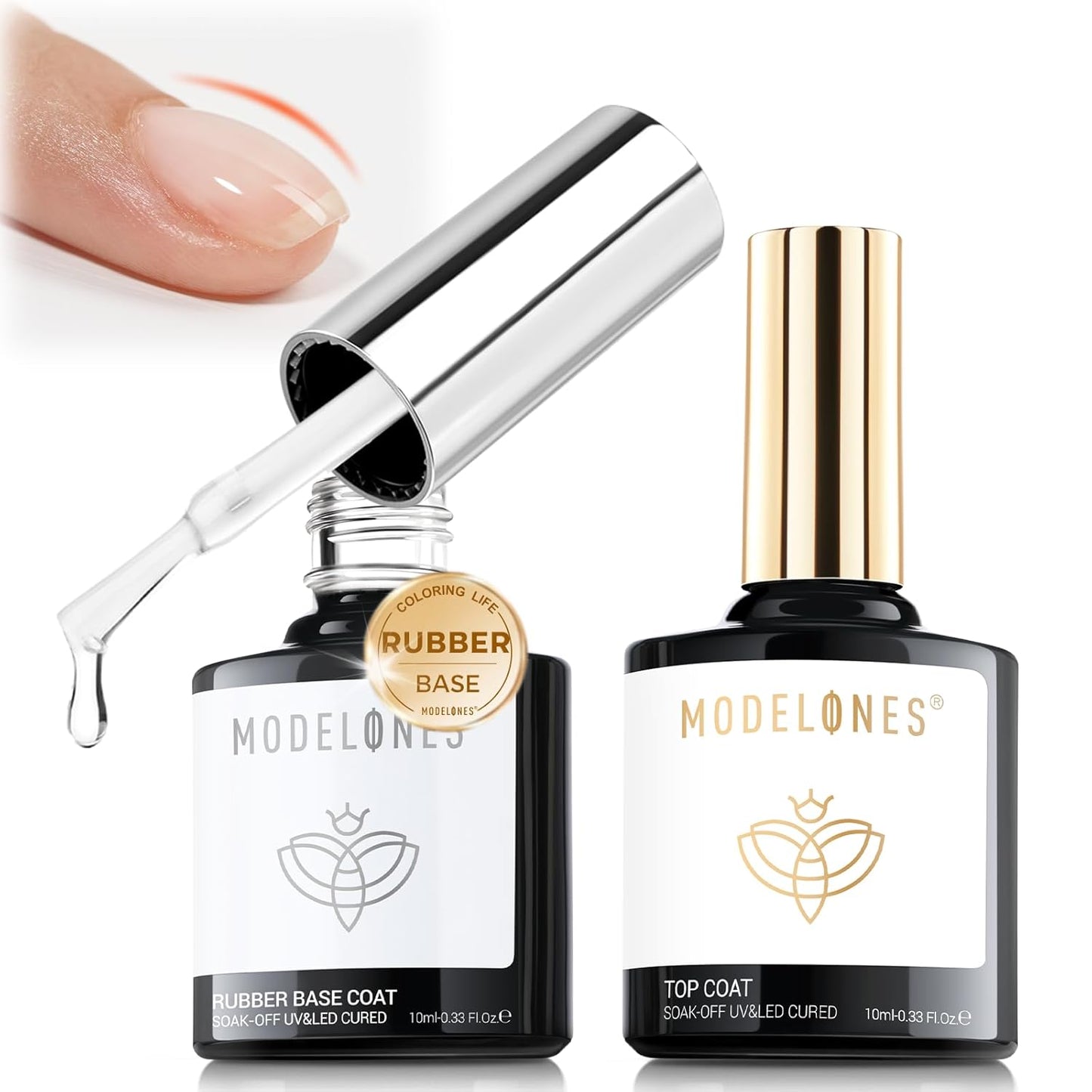 modelones Rubber Builder Gel Base and No Wipe Top Coat Set, 2Pcs Rubber Base and Clear Top Coat Gel Nail Polish for Strengthener Apex Building Long Last Soak Off Uv Fall Manicure Tables Thin Weak Nail-BrightBean Baby