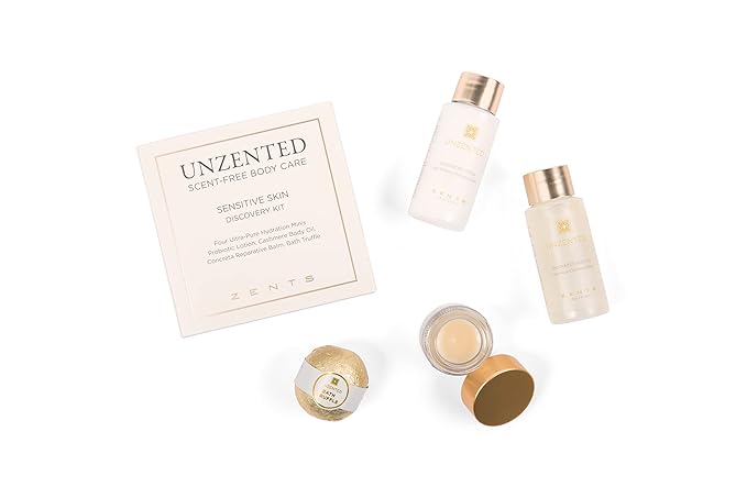 Zents Unscented 4-pc Mini Set, Moisturizing Body Care for Sensitive Skin, Gentle Enough for Eczema & Psoriasis, With Probiotic Lotion, Body Oil, Reparative Balm, and Truffle Bath Bomb-BrightBean Baby