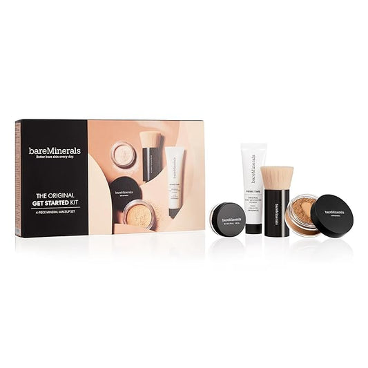 bareMinerals Original Get Started Kit, 4 Piece Mini Mineral Makeup Includes Original Loose Foundation, Face Primer, Setting Powder, Brush, Travel Sizes, Must-Have Kit, Vegan-BrightBean Baby