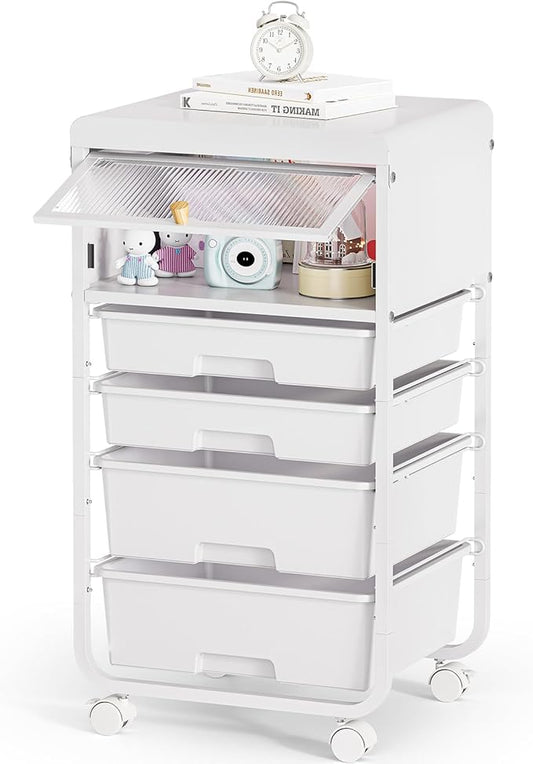 Utility-Rolling-Storage-Drawer-Craft-Cart-Organizers with 4 Drawers & Dust-proof Door for Kid Craft Art Room,Bedroom,Home Office, Craft Drawer cart, Classic White-BrightBean Baby
