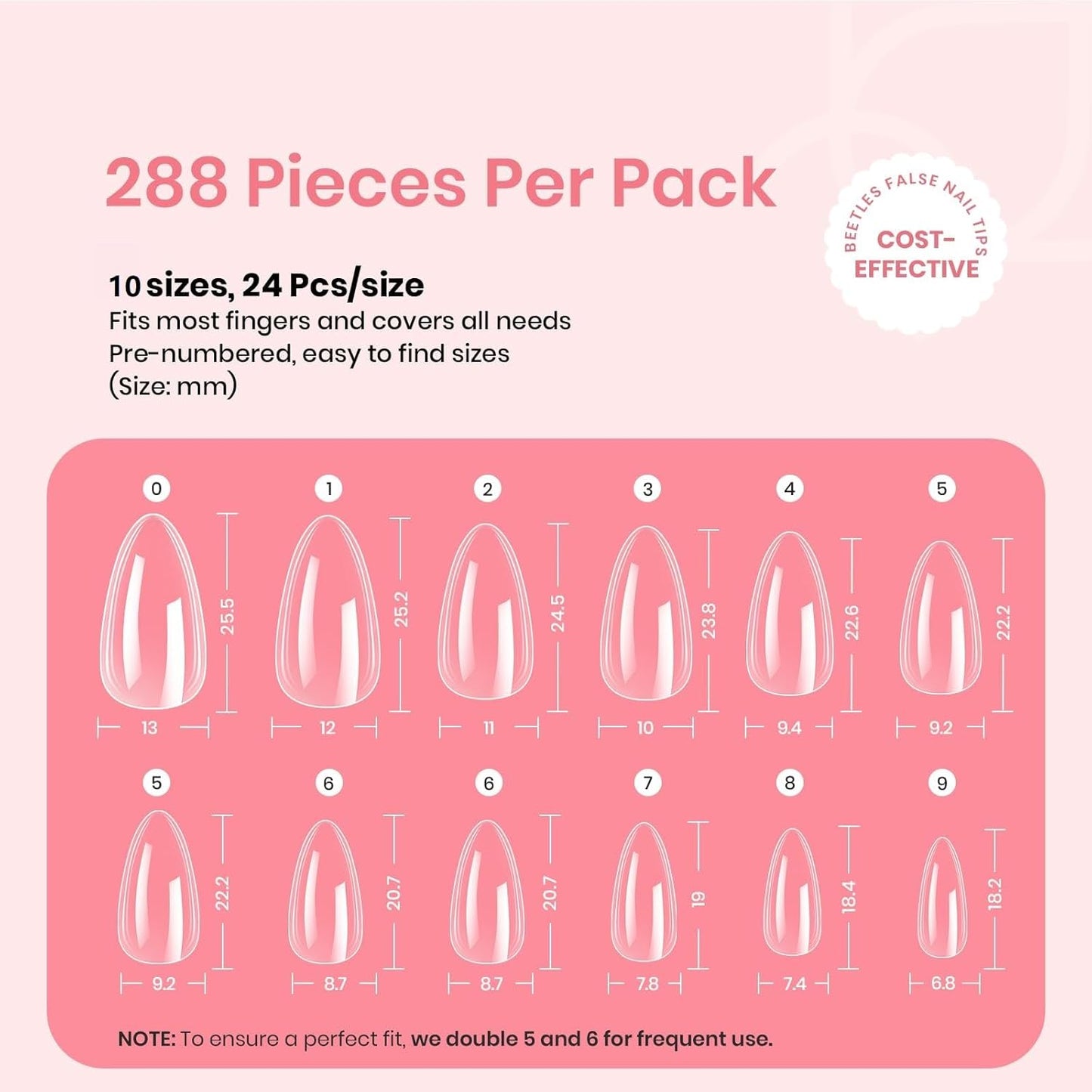 Beetles Gel Nail Tips Clear, Almond Medium, 288Pcs 10 Sizes, Pre-shaped Full Cover Soft Acrylic False Press On Nail Tips Almond Shape Easy Home DIY Fall Fake Nail Extension Art Salon Gift for Women-BrightBean Baby