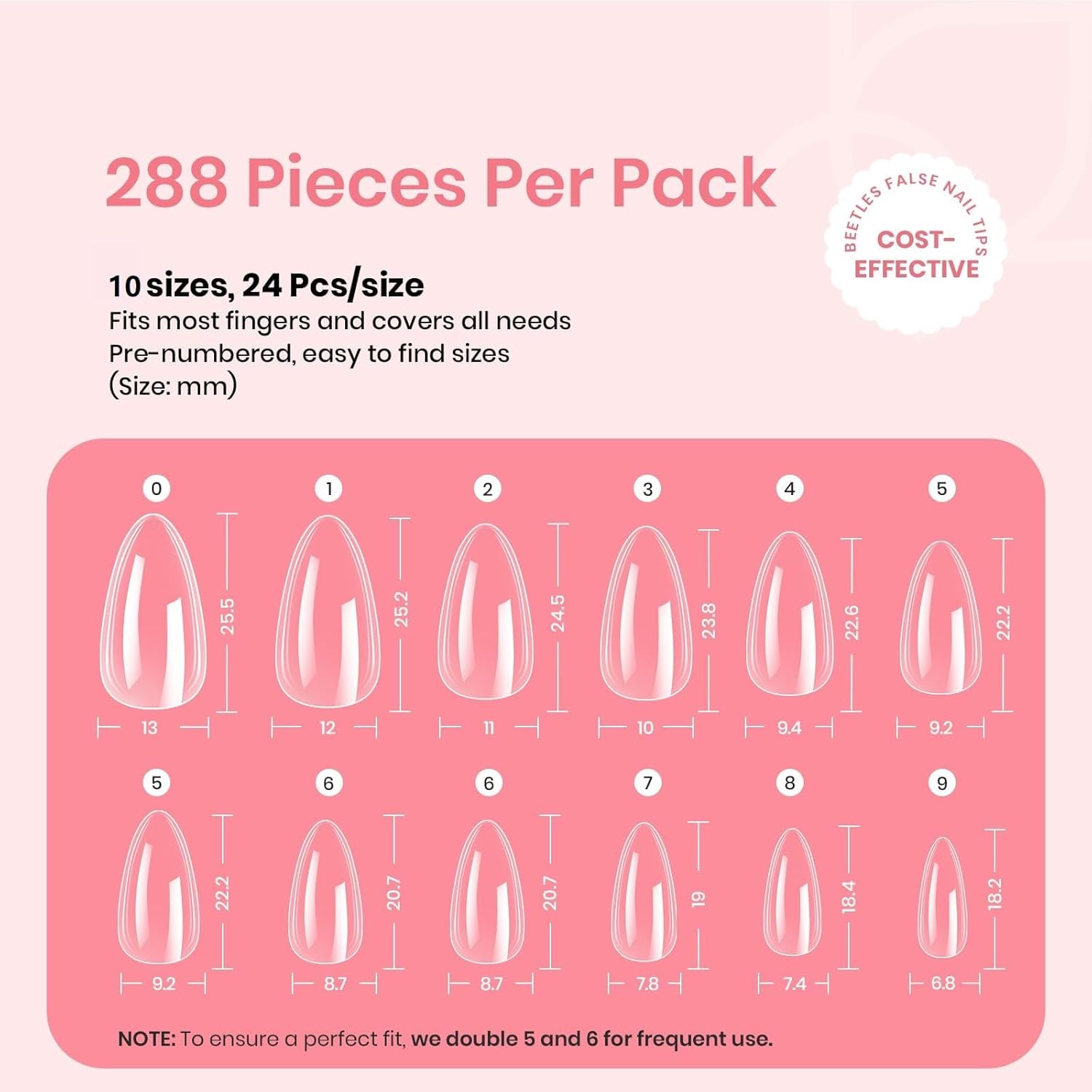 Beetles Gel Nail Tips Clear, Almond Medium, 288Pcs 10 Sizes, Pre-shaped Full Cover Soft Acrylic False Press On Nail Tips Almond Shape Easy Home DIY Fall Fake Nail Extension Art Salon Gift for Women-BrightBean Baby