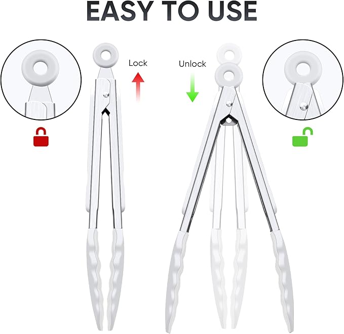 9 Inch Kitchen Tongs, Cooking Tongs with Silicone Tips and Stainless Steel Handle, Non Stick Heat Resistant Tongs for Cooking, Buffet, Salad Serving (9", White)