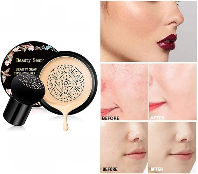 Beauty Glazed Mushroom Head Air Cushion CC Cream Foundation Cover Concealer Makeup Moisturizing Brightening Pigment Liquid Foundation, Even Skin Tone Makeup Base BB # 02 Naturel-BrightBean Baby