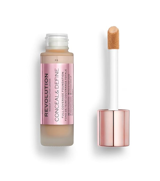 Revolution Beauty, Conceal & Define Foundation, Full Coverage, Long-Lasting Matte Finish, Vegan & Cruelty Free, F8 Light to Medium Skin Tones, 0.8 Fl.Oz.-BrightBean Baby