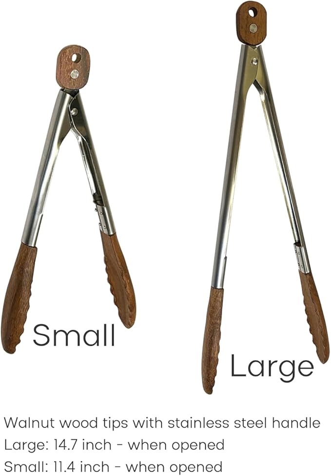 Lee's Clover Wooden Tongs for Cooking with Walnut Wood Tips & Stainless Steel Handle – Food & Kitchen Tongs for Serving, Salad, BBQ, Buffet, Grill (Large)