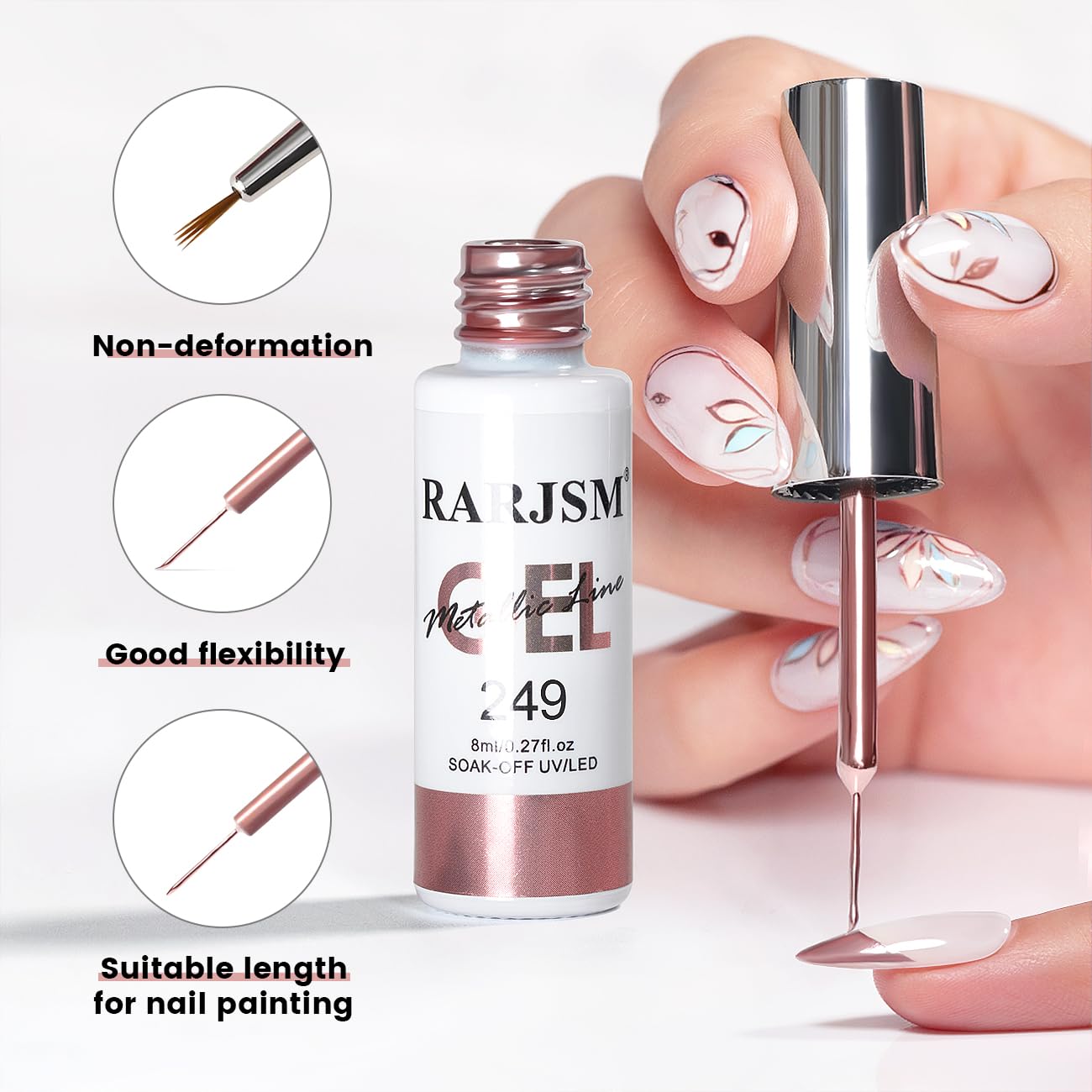 RARJSM Metallic Gel Liner Nail Art Rose Gold 3D Mirror Chrome Effect Gel Nail Polish 8ml Painting Build in Thin Brush Metal Painted Drawing Striper Gelpolish Soak off Curing Requires for Home Salon-BrightBean Baby