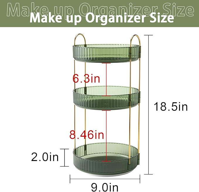 Rotating Makeup Organizer for Vanity, High-Capacity Skincare Clear Make Up Storage Perfume Organizers Cosmetic Dresser Organizer Countertop 360 Spinning (Green, 3 Tier)-BrightBean Baby