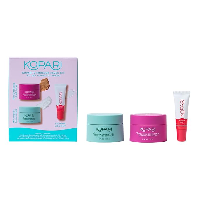 Kopari Forever Faves Bundle | Mini Organic Coconut Melt, Exfoliating Mini Coconut Crush Scrub, Clear Moisturizing Lip Glossy | Body and Lip Kit to Soothe and Hydrate Dry Skin | Cruelty Free, Vegan-BrightBean Baby