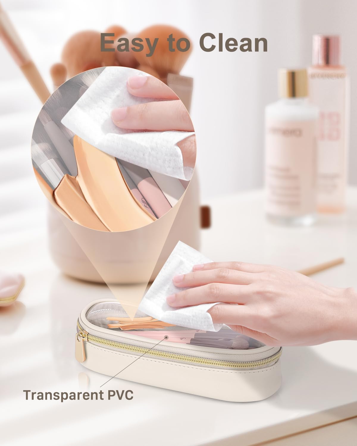 Clear Travel Makeup Brush Holder, Leather Makeup Brush Toiletry Bag, Portable Cosmetic Brush Case, Transparent Waterproof Makeup Brush Storage Bag, White-BrightBean Baby