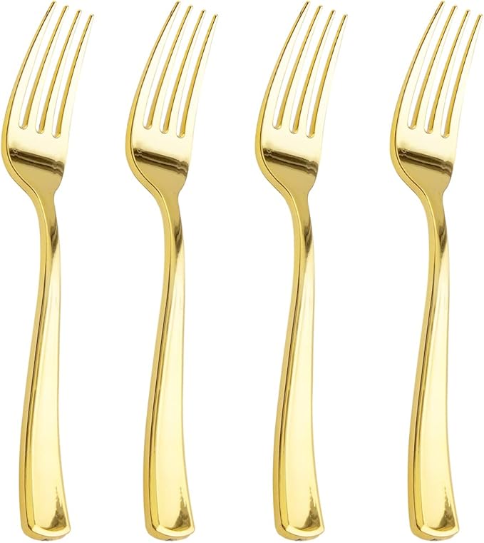 Liacere 200pcs Gold Plastic Forks - Heavyweight - 7.4 Inch Heavy Duty Forks - Gold Plastic Silverware Perfect For Parties & Weddings & Restaurants & New Year And Daily Using&Fall Decor