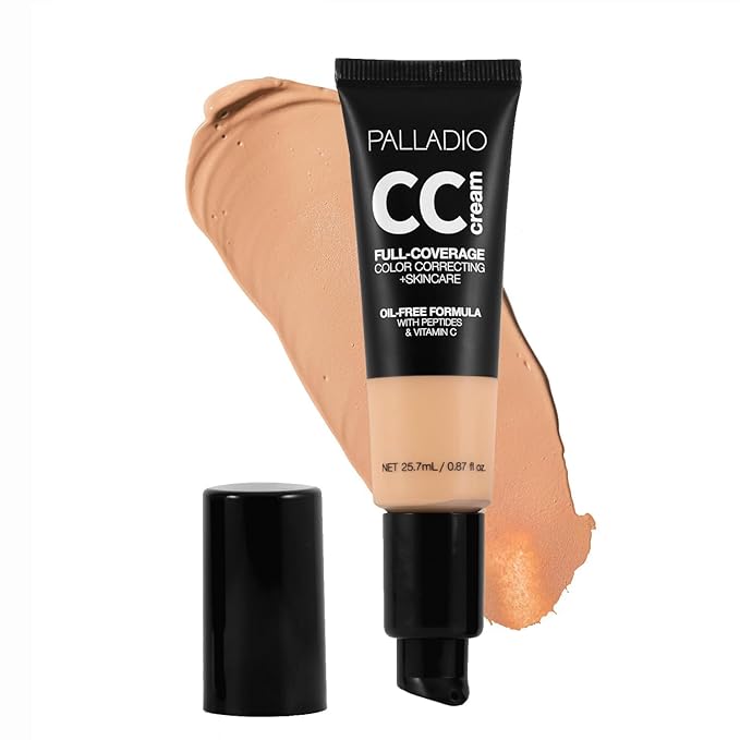 Palladio Full-Coverage Color Correction CC Cream, Oil-Free with Peptides & Vitamin C, Best for Correcting Redness and Uneven Skin Tone, Buildable Foundation Coverage (Med 32W)-BrightBean Baby