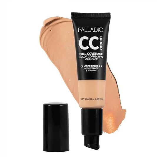Palladio Full-Coverage Color Correction CC Cream, Oil-Free with Peptides & Vitamin C, Best for Correcting Redness and Uneven Skin Tone, Buildable Foundation Coverage (Med 32W)-BrightBean Baby