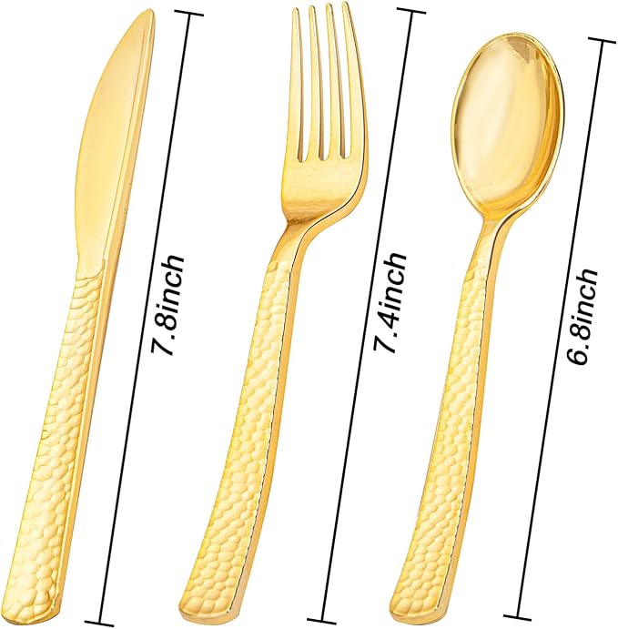 KIRE 400PCS Gold Plastic Silverware - Extra Heavy Duty Hammered Silverware Disposable Set, Gold Utensils Set Include 200 Forks,100 Knives,100 Spoons for Thanksgiving Party, Wedding