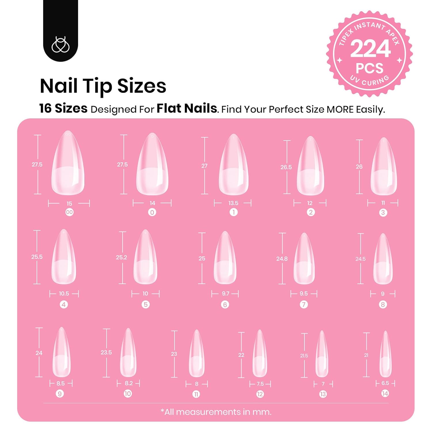 Beetles Tipex Instant Apex Nail Tips Kit Halloween Nails, Medium Stiletto, 224 Pcs 16 Sizes Pre-Building Pre-Etched False Nail Tips with Tipex Nail Glue, Mini Nail Lamp-BrightBean Baby