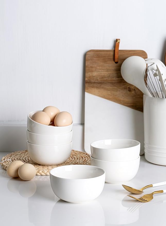 Sweese 10 Oz Porcelain Bowls Set of 6 - Versatile for Cereal, Soup, Salad, Pasta, Oatmeal - Microwave Dishwasher Safe, White