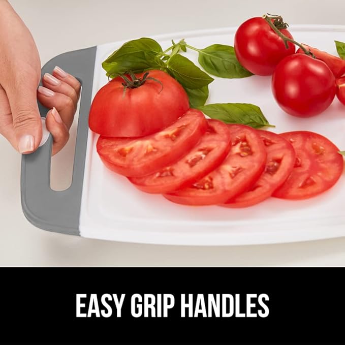 GORILLA GRIP BPA-Free Reversible Kitchen Cutting Board Set of 3, Nonporous, Juice Grooves to Catch Liquid, Slip Resistant Handle Border, Dishwasher Safe, Durable Large Food Chopping Boards, Gray