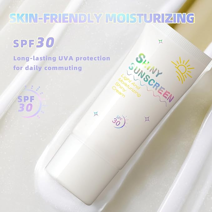 Shimmer Face Primer with Sunscreen, SPF 30, Highlighting Fine Glitter Brightening + Sun Protection, Moisturizing Sunscreen, Natural & Refreshing, Oil-Controlling,Non-Greasy Isolation Primer-BrightBean Baby