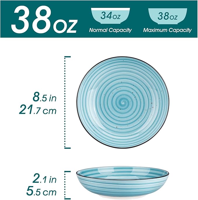 vancasso Bonbon Pasta Bowls Set of 6, 38 Oz Ceramic Salad Bowls, Wide and Shallow Bowls Set, Large Serving Bowls for Kitchen, Blue