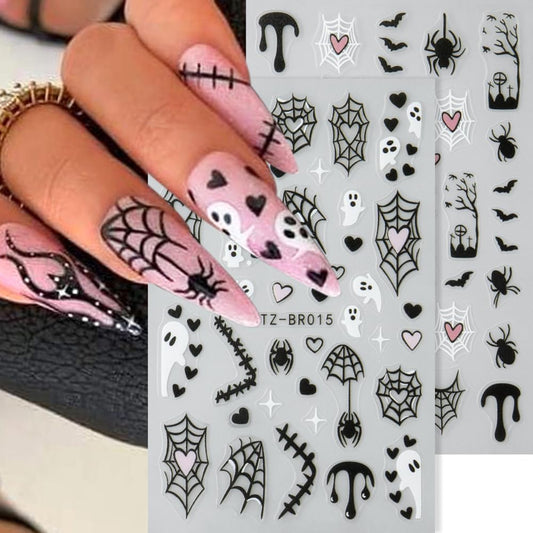 4sheets Halloween Nail Stickers 3D Self-Adhesive Ghost Nail Art Stickers - Black Spider Bat Decals with Heart Spider Web Blood Droplets Design for Women DIY Holiday Nail Decoration-BrightBean Baby