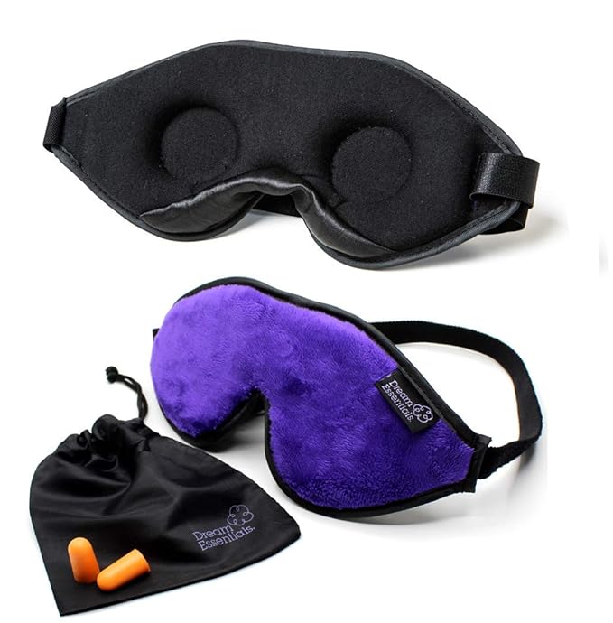Dream Essentials, Escape 3D Sleep Mask, Earplugs, Carry Pouch Set, Molded Eye Shade, Men and Women, Contoured, Nose Bridge, Light Block, Memory Foam, Gift Set, Travel, Yoga, Blindfold, Deep Purple-BrightBean Baby