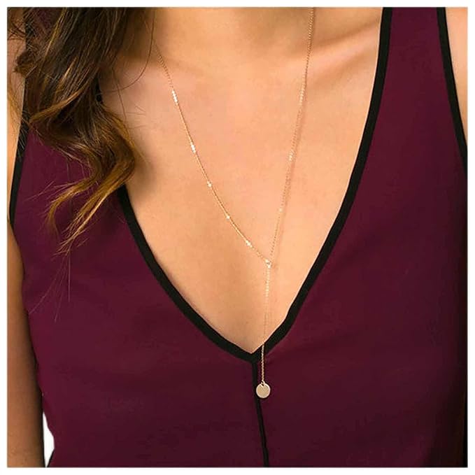 Boho Coin Disc Necklace Gold Long Y Lariat Necklace Disc Y Drop Necklace Trendy Minimalist Everyday Necklace Jewelry for Women and Girls-BrightBean Baby