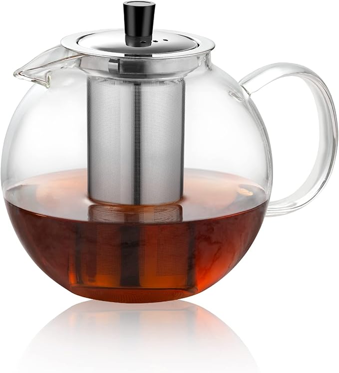 1500ml Glass Teapot with Removable Stainless Infuser(50oz), Ehugos Stovetop Safe Large Tea Pot, Hand Crafted Kettle for Women and Adult, for Loose Leaf Tea, Hot and Iced Water, Juice Beverage