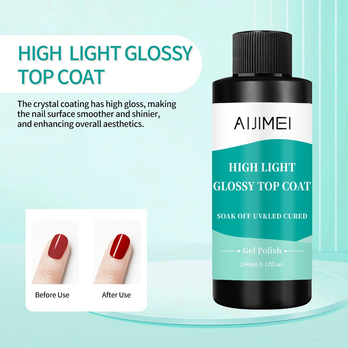 AIJIMEI 240ml High Shine Glossy Top Coat for Nails Long Lasting, Smooth TopCoat, High Light Glossy Top Coat for DIY Nail Art Use Enhance Your Manicure with Brilliant Reflection 8 Fl Oz-BrightBean Baby