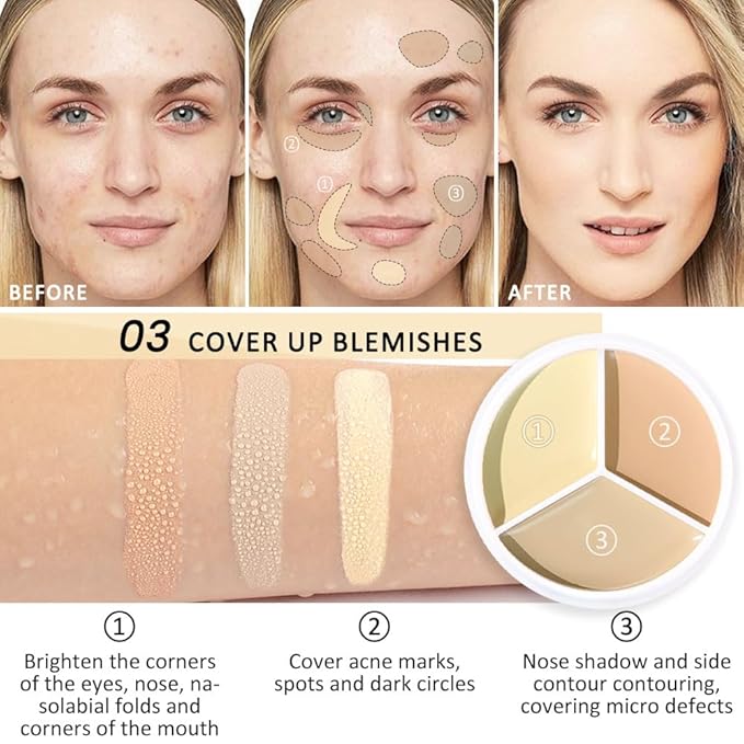 Kaely 3Pcs Tri Color Concealer Pot,Color Correcting Concealer for Dark Circles Spots,Cream Concealer Full Coverage,Foundation Contour Makeup Palettes,under Eye Brightener corrector de ojeras,01+02+03-BrightBean Baby