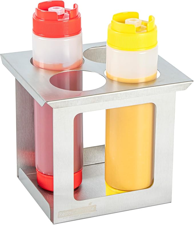 Restaurantware Squeeze Bottle Holder Pack of 1 Stainless Steel 4 Hole Bottle Holder, 2.5" Diameter Fits 1/6 Size Opening, Dishwasher Friendly Integrated Lip Design Holder for Condiment Bottles