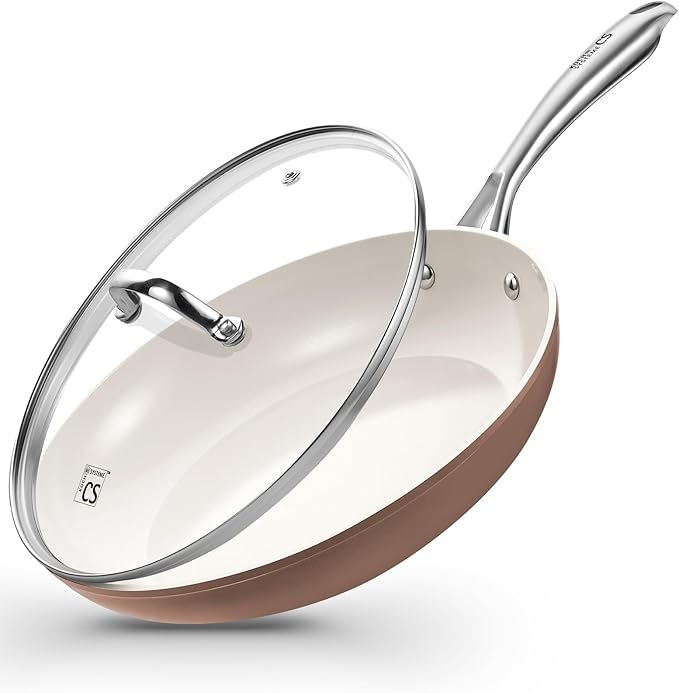KOCH SYSTEME CS 10 Inch Nonstick Frying Pan with Lid - Ceramic Non Toxic Brown
