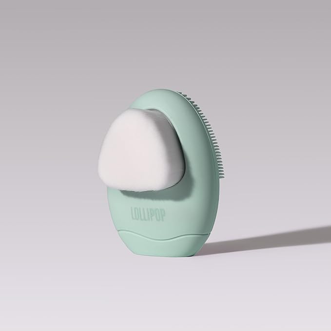 LOLLIPOP Dual-Sided Facial Cleansing Brush | Palm Size Silicone Face Exfoliator and Soft Fiber Cleanser | Manual Face Scrubber for Pores, Makeup Removal, Blackhead and Skincare Routine, Minty-BrightBean Baby