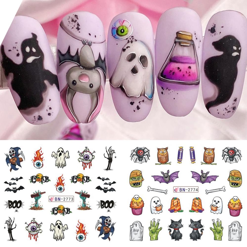 Halloween Nail Stickers 12 Sheets Pumpkin Halloween Nail Art Supplies Decorations Water Transfer Nail Decals Cute Ghost Witch Bat Skeleton Spider Design Watermark Slider Nail Foils for Women DIY-BrightBean Baby