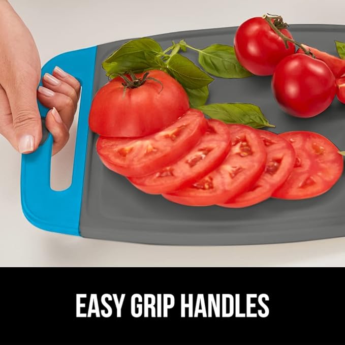 GORILLA GRIP BPA-Free Reversible Kitchen Cutting Board Set of 3, US Designed, Nonporous, Juice Grooves Catch Liquid, Slip Resistant Border, Dishwasher Safe, Durable Food Chopping Boards, Aqua Gray