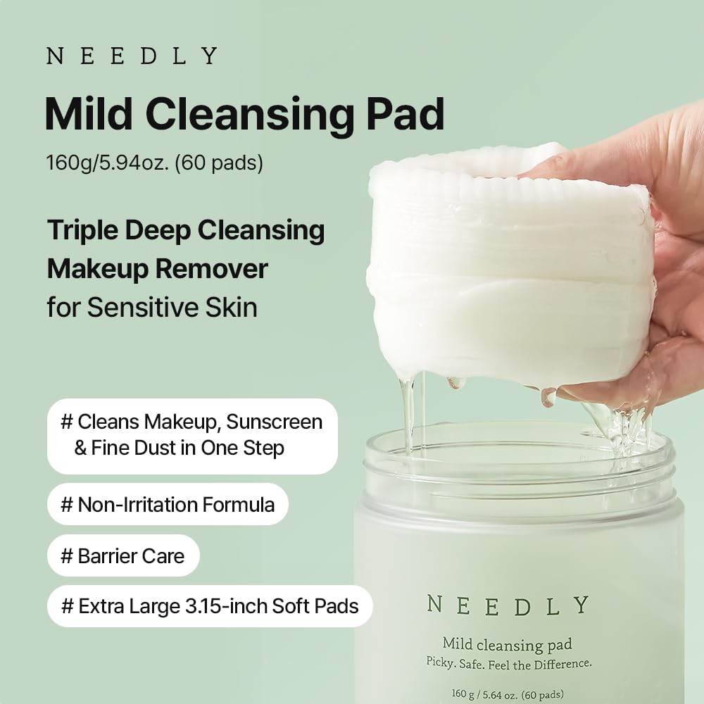 NEEDLY Mild Cleansing Pad, Makeup Remover for Sensitive Skin, Triple Deep Cleansing, Barrier Care with Only Two Surfactants & Panthenol, Extra-Large Soft Vegan Pad, Korean Skincare-BrightBean Baby