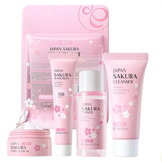Sakura Travel Skincare Set for Teenage Girls - Face Routine Set for Women,4 Piece Gentle Skin Cleaning & Care Travel Size Kit With Cleanser, Toner, sunscreen and Face Cream-BrightBean Baby