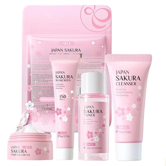Sakura Travel Skincare Set for Teenage Girls - Face Routine Set for Women,4 Piece Gentle Skin Cleaning & Care Travel Size Kit With Cleanser, Toner, sunscreen and Face Cream-BrightBean Baby