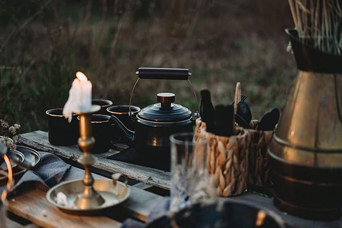 Barebones Enamel Teapot - Vintage Inspired Design - Baked Stainless Steel Rim - FSC Certified Natural Walnut Tea Kettle - 1.5 Liters, 6 Cups (Charcoal)