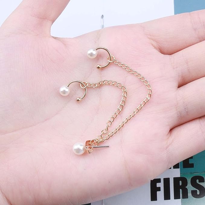 Vintage Pearl Cuff Chain Earrings Gold Chain Ear Cuffs Dangle Chain Cartilage Earrings Pearl Studs Earrings Cartilage Helix Earrings Helix to Lobe chain earrings Jewelry for Women and Girls (Gold A)-BrightBean Baby