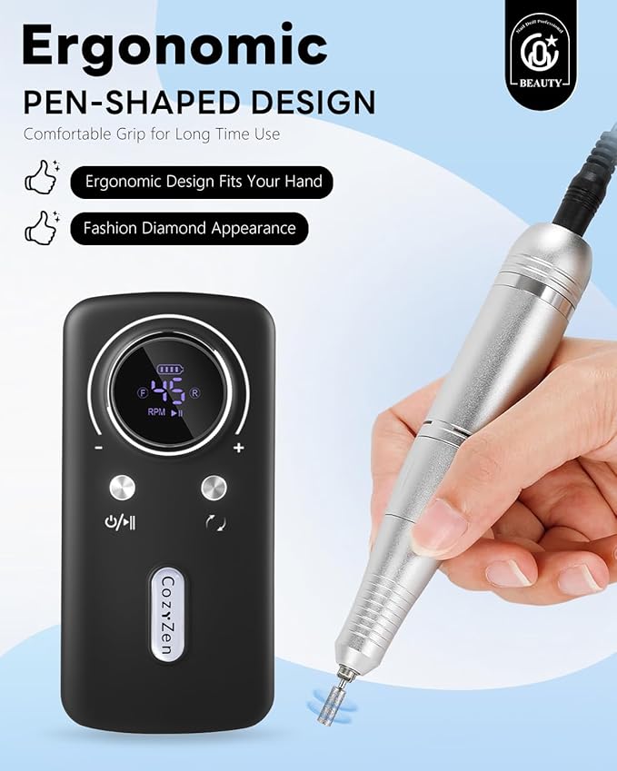 CozyZen Cordless Nail Drill Professional: 45000 RPM Rechargeable Electric Nail File Kit, Portable & Low Noise for Acrylic, Gel Nails, Manicure & Pedicure - Salon & Home Use-BrightBean Baby