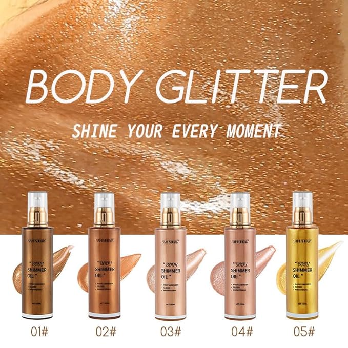 Shimmer Body Oil, Long Lasting Moisturizing Body Glow Glitter for Women Face Luminizer Highlighter Makeup 100ml Shimmer Oil for Glowing Skin Lotion (Bronze Gold)-BrightBean Baby