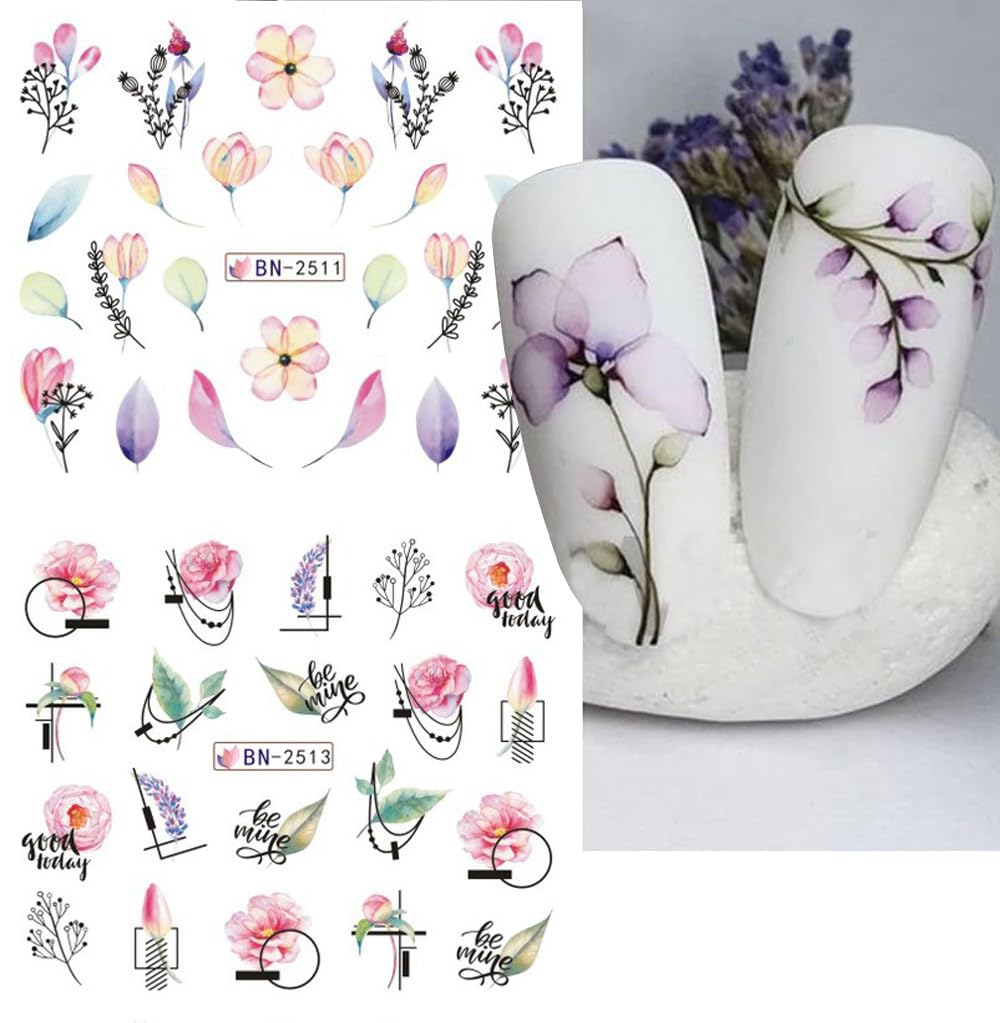 12 Sheets Flower Nail Water Transfer Decals, Nail Art Stickers for Women, Holographic Colorful Flower Leaf Patterns Nail Designs Supplies, Acrylic Nails Decorations DIY Resin Nail Decal Tattoos Set-BrightBean Baby