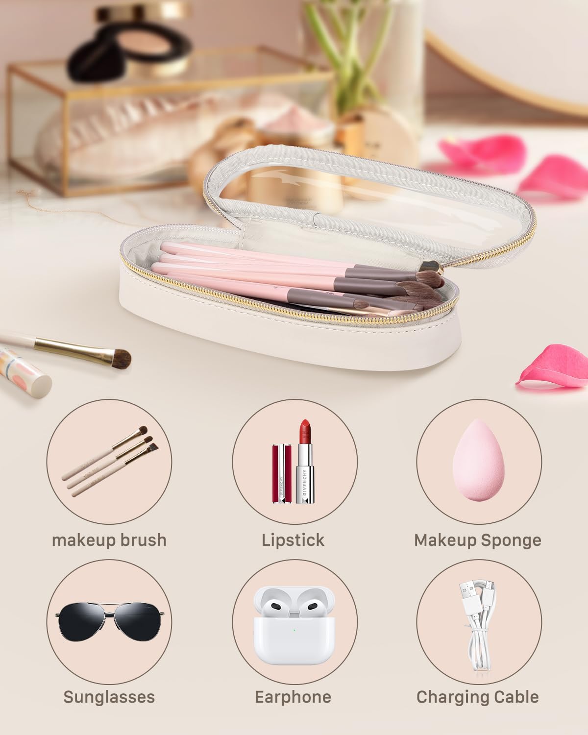 Clear Travel Makeup Brush Holder, Leather Makeup Brush Toiletry Bag, Portable Cosmetic Brush Case, Transparent Waterproof Makeup Brush Storage Bag, White, Large-BrightBean Baby