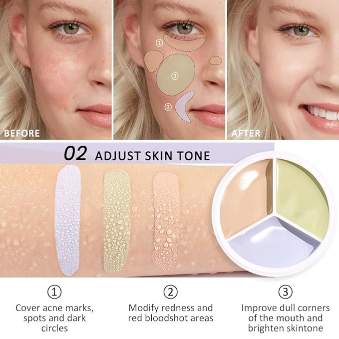 Kaely 3Pcs Tri Color Concealer Pot,Color Correcting Concealer for Dark Circles Spots,Cream Concealer Full Coverage,Foundation Contour Makeup Palettes,under Eye Brightener corrector de ojeras,01+02+03-BrightBean Baby