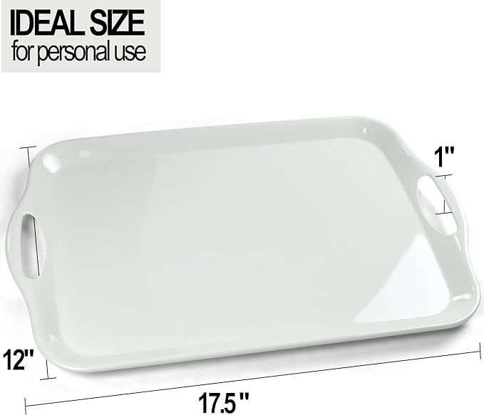 Large Melamine Serving Tray with Handles, 17.5 x 12 in Rectangular Melamine Serving Platter, Dishwasher Safe Trays for Eating, Appetizer, Charcuterie, Snack, Fruit, Desserts, Set of 2, White