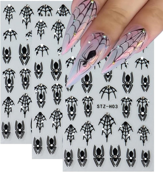3 Sheets Halloween Nail Art Stickers Black Spider Nail Stickers for Nail Art 3D Self-Adhesive Black Spider Web with Diamond Design Halloween Nail Charms Goth Decorations for Women DIY-BrightBean Baby