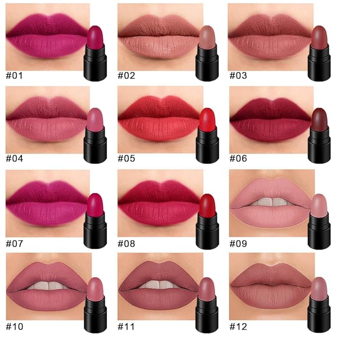 evpct 12Pcs Mini Pills Lipstick Capsule Set for Women Waterproof Long Lasting, Dark Ruby Plum Rose Red Nude Pink Mauve Taupe Brown Matte Small Magic Permanent 24 Hour Lipstick Bulk Samples 01-BrightBean Baby