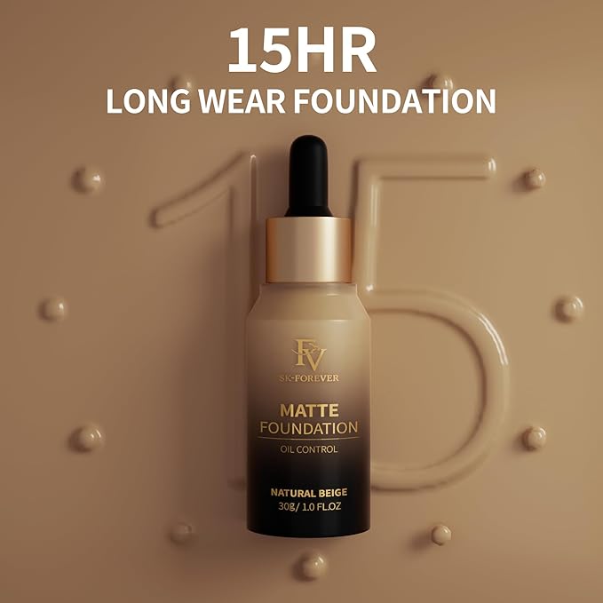 FV Full Coverage Liquid Foundation Makeup, Long Lasting Matte Foundation with Flawless Finish, Concealing & Minimizing Pores, Oil Control Waterproof for Oily Combination Skin, 1 Fl. Oz (Natural Beige)-BrightBean Baby