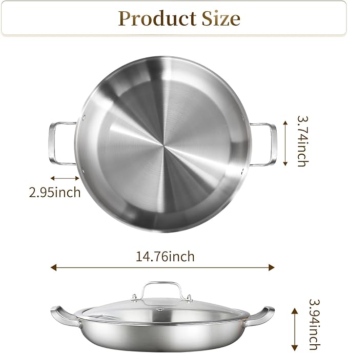 DELARLO 14" Tri-Ply Stainless Steel Nonstick Paella Pan with Lid