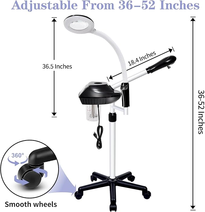 Professional Facial Steamer, 2 in 1 Face Steamer on Wheels, with 5X Magnifying Lamp, Facial Steamer with Time Setting, Stand Face Steamer Adjustable Height for Spa, Salon and at Home use-BrightBean Baby